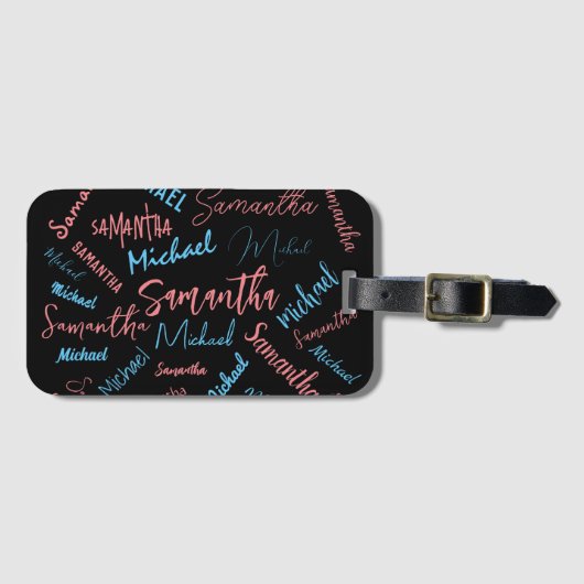 Twee namen stellen zich op monogram blauw lichtroz bagagelabel (Voorkant (horizontaal))