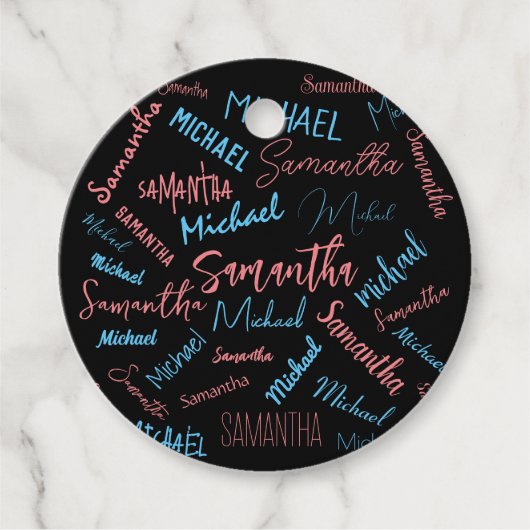 Twee namen stellen zich op monogram blauw lichtroz bedankjes labels (Voorkant)