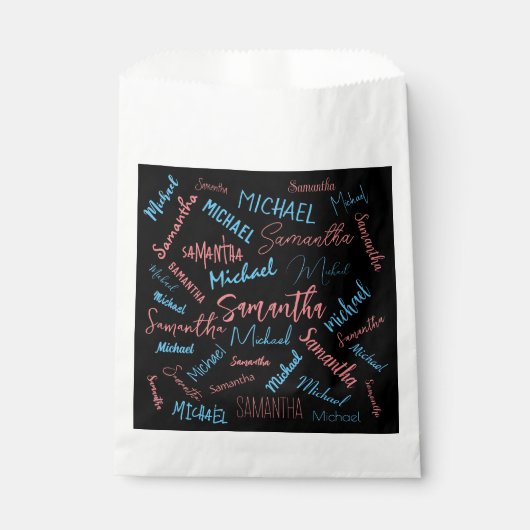 Twee namen stellen zich op monogram blauw lichtroz bedankzakje (Voorkant)