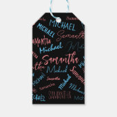 Twee namen stellen zich op monogram blauw lichtroz cadeaulabel (Voorkant)