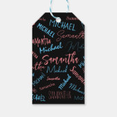 Twee namen stellen zich op monogram blauw lichtroz cadeaulabel (Achterkant)