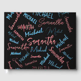 Twee namen stellen zich op monogram blauw lichtroz gastenboek