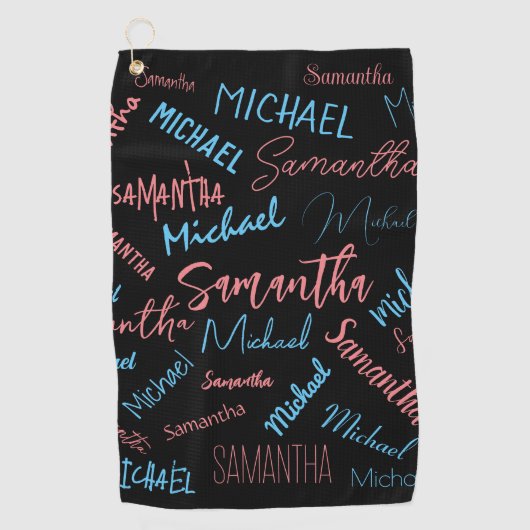 Twee namen stellen zich op monogram blauw lichtroz golfhanddoek (Voorkant)