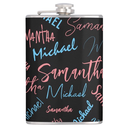 Twee namen stellen zich op monogram blauw lichtroz heupfles (Voorkant)