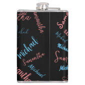 Twee namen stellen zich op monogram blauw lichtroz heupfles (Achterkant)