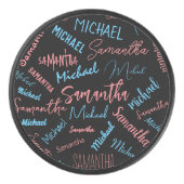 Twee namen stellen zich op monogram blauw lichtroz hockey puck (Voorkant)