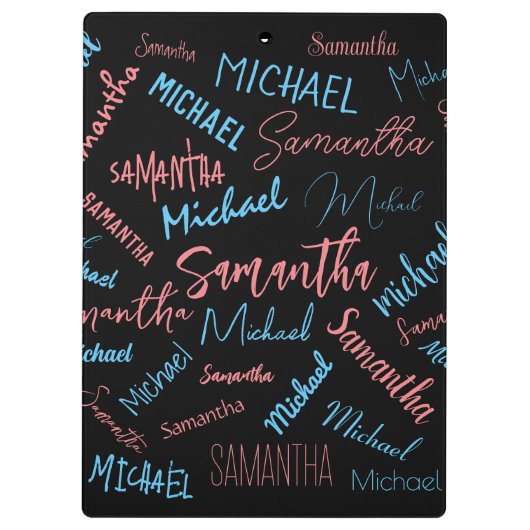 Twee namen stellen zich op monogram blauw lichtroz klembord (Achterkant)