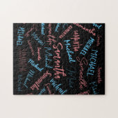 Twee namen stellen zich op monogram blauw lichtroz legpuzzel (Horizontaal)