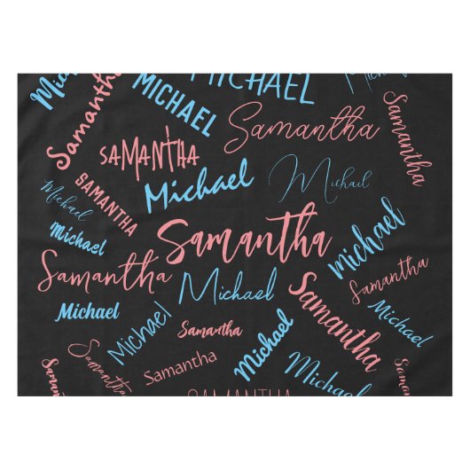Twee namen stellen zich op monogram blauw lichtroz tafelkleed (Voorkant (Horizontaal))