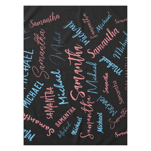 Twee namen stellen zich op monogram blauw lichtroz tafelkleed (Voorkant)