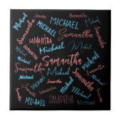 Twee namen stellen zich op monogram blauw lichtroz tegeltje (Voorkant)