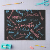 Twee namen stellen zich op monogram blauw lichtroz tissuepapier (Craft)