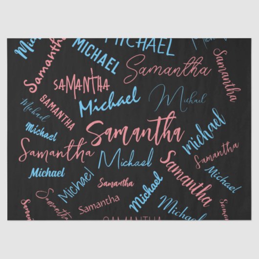 Twee namen stellen zich op monogram blauw lichtroz tissuepapier (Voorkant)