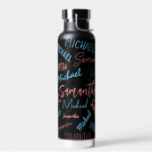 Twee namen stellen zich op monogram blauw lichtroz waterfles (Links)