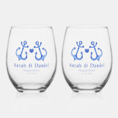 Twee Nautical Navy Ankers & Hart - Navy Bruiloft Wijnglas Zonder Voet (Voorkant)
