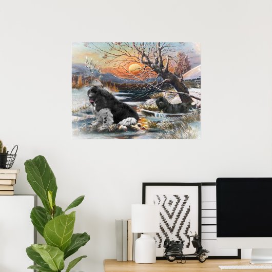 Twee Newfies winter scène Poster (Thuiskantoor)