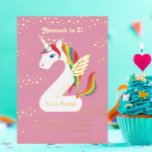 Twee nicorn Unicorn Tweede verjaardag Folie Uitnodiging<br><div class="desc">2-nicorn afbeelding van nummer twee eenhoorn met regenbooghaar en goudhoorn,  en vleugels met gouden sterren; aangepaste kleur op de voor- en achterkant.</div>