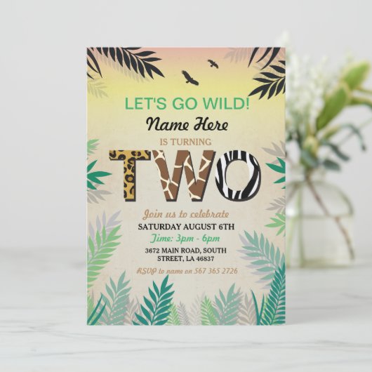 Twee Oerwoud 2e verjaardag Safari ZOO Invite Kaart (Staand voorkant)