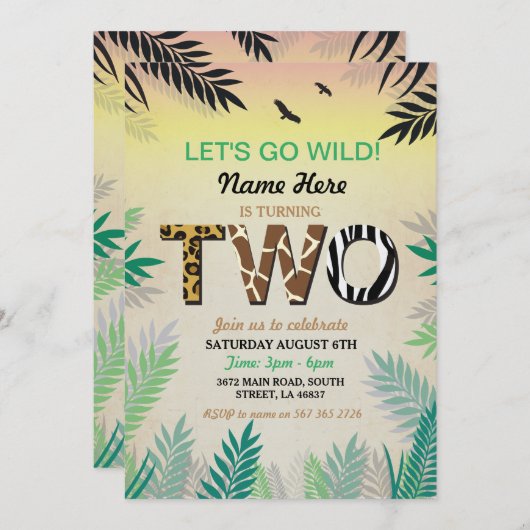 Twee Oerwoud 2e verjaardag Safari ZOO Invite Kaart (Voorkant / Achterkant)
