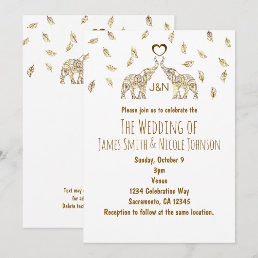 Twee olifanten & Hart Gouden Herfst Trouw Uitnodig Kaart (Voorkant / Achterkant)