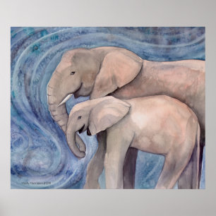 Twee Olifanten Wildlife Waterverfschilderij Poster