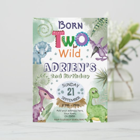 TWEE om WILD Dinosaurus Thema Verjaardagsfeest Inv Kaart (Staand voorkant)