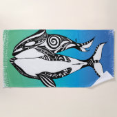 Twee Orca Killer Whales Tribal Doodle Blauwgroen B Strandlaken (Voorkant)