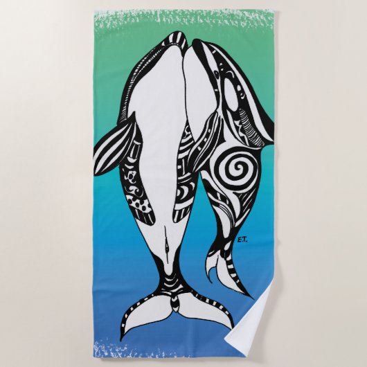 Twee Orca Killer Whales Tribal Doodle Blauwgroen B Strandlaken (Voorkant)