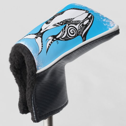 Twee Orca Whales Tribal Blue geborsteld Golfheadcover (3/4 voorkant)