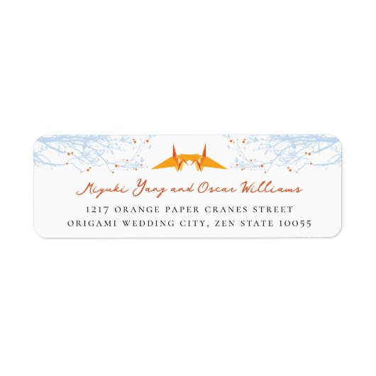 Twee Origami Oranje kranen Aziatisch trouwadres Etiket (Voorkant)