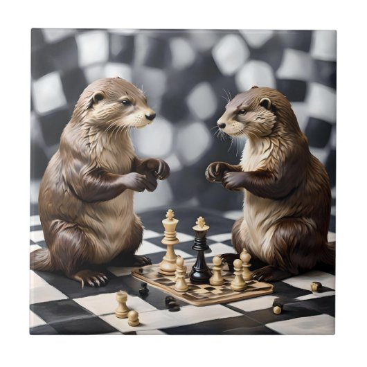 Twee otters die schaken, tegeltje (Voorkant)