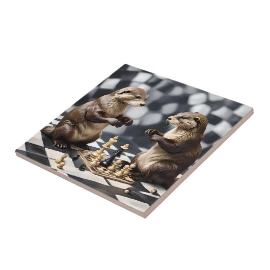 Twee otters die schaken, tegeltje (Zijkant)