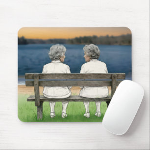 Twee oude dames die op een bankje kletsen muismat