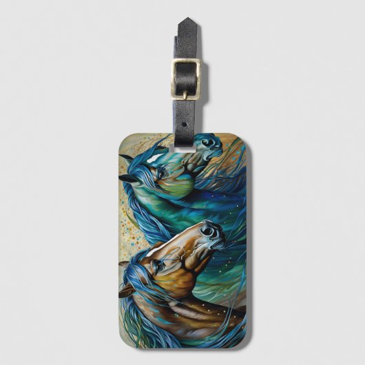 Twee Paarden Blauwgroen blauw groen bruin Bagagelabel (Voorkant (verticaal))