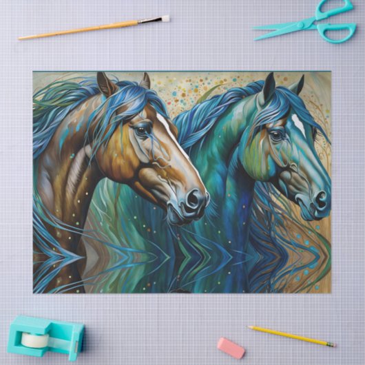 Twee Paarden Blauwgroen blauw groen bruin Tissuepapier (Craft)