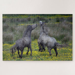 Twee paarden bokken en spelen legpuzzel