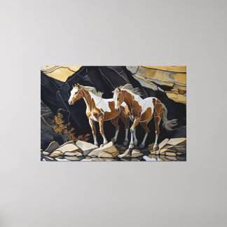 Twee paarden die een wandeling maken op de rotsen  canvas afdruk