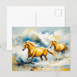 Twee paarden galopperen door ondiep water briefkaart