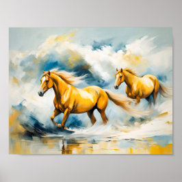 Twee paarden galopperen door ondiep water poster