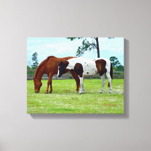 Twee paarden grazen canvasafdruk canvas afdruk (Voorkant)