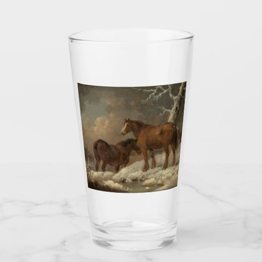 Twee paarden in de sneeuw (winterscène) glas (Voorkant)