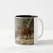 Twee paarden in de sneeuw (winterscène) tweekleurige koffiemok (Voorkant rechts)