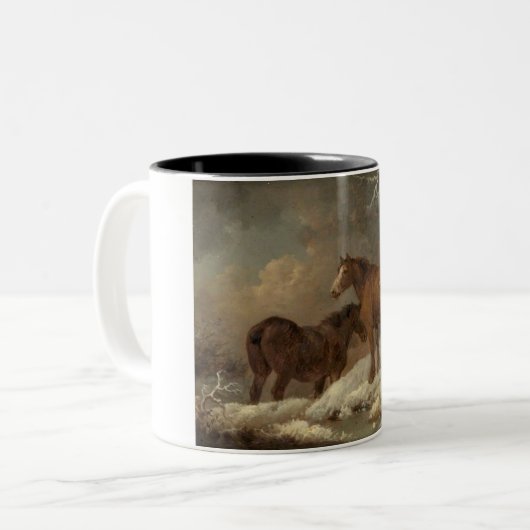 Twee paarden in de sneeuw (winterscène) tweekleurige koffiemok (Voorkant links)