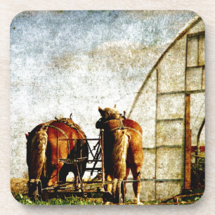 Twee paarden klaar voor het werk bier onderzetter