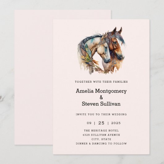 Twee paarden met veer versieringen Boho bruiloft Kaart (Voorkant / Achterkant)