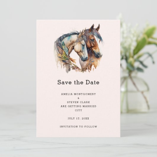 Twee paarden met veer versieringen Boho bruiloft Save The Date (Staand voorkant)