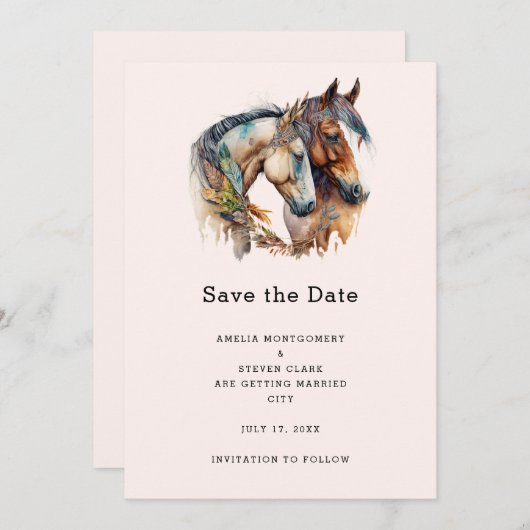 Twee paarden met veer versieringen Boho bruiloft Save The Date (Voorkant / Achterkant)