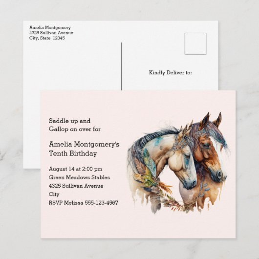 Twee paarden met veren Decor Boho Verjaardagsfeest Uitnodiging Briefkaart (Voorkant / Achterkant)