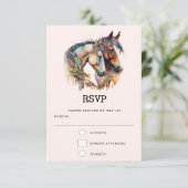 Twee paarden met veren decoraties Boho bruiloft RSVP Kaartje (Staand voorkant)
