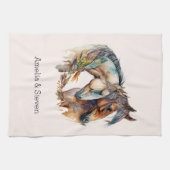 Twee paarden met veren decoraties Boho Theedoek (Horizontaal)